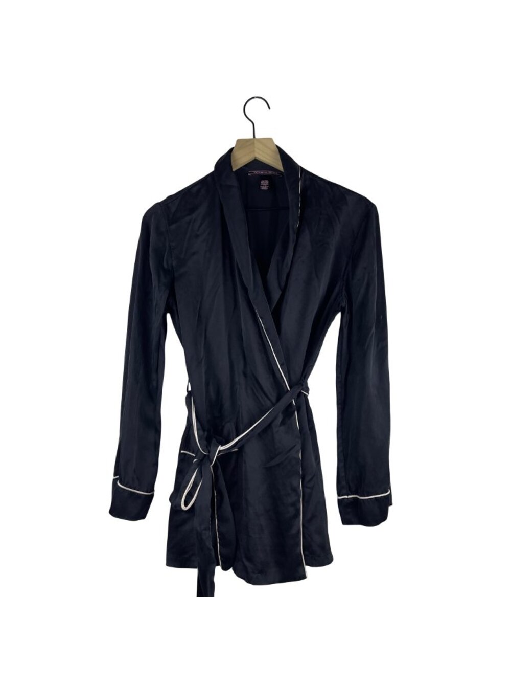 Victorias Secret Black 100% Silk Shortie Robe With White Piping XS Small Black